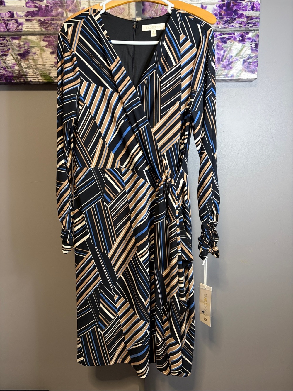 Women’s Etcetera Interstellar Geometric Striped Dress in Black, Blue & Tan NWT